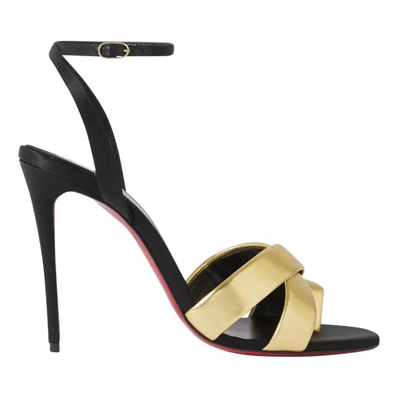 Christian Louboutin Just Me 100 Black Gold Sandal Ankle Strap Open Heel Pump 39 - Picture 1 of 11